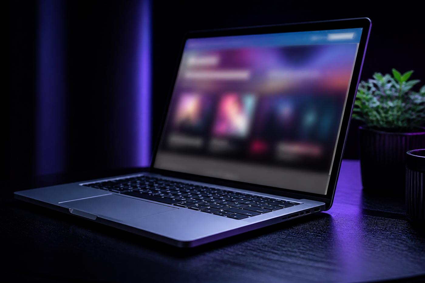 Laptop open on a dark desk during a site build