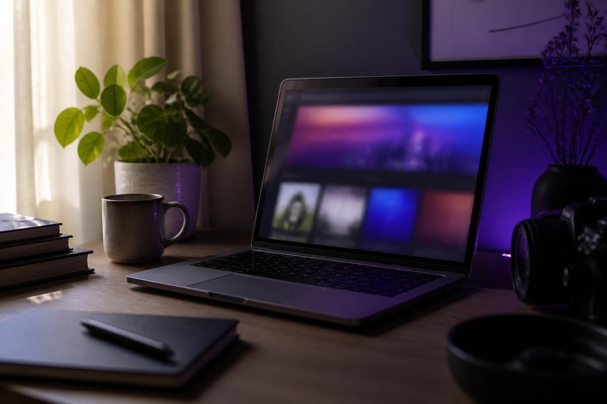 Laptop open on a studio desk during a website build