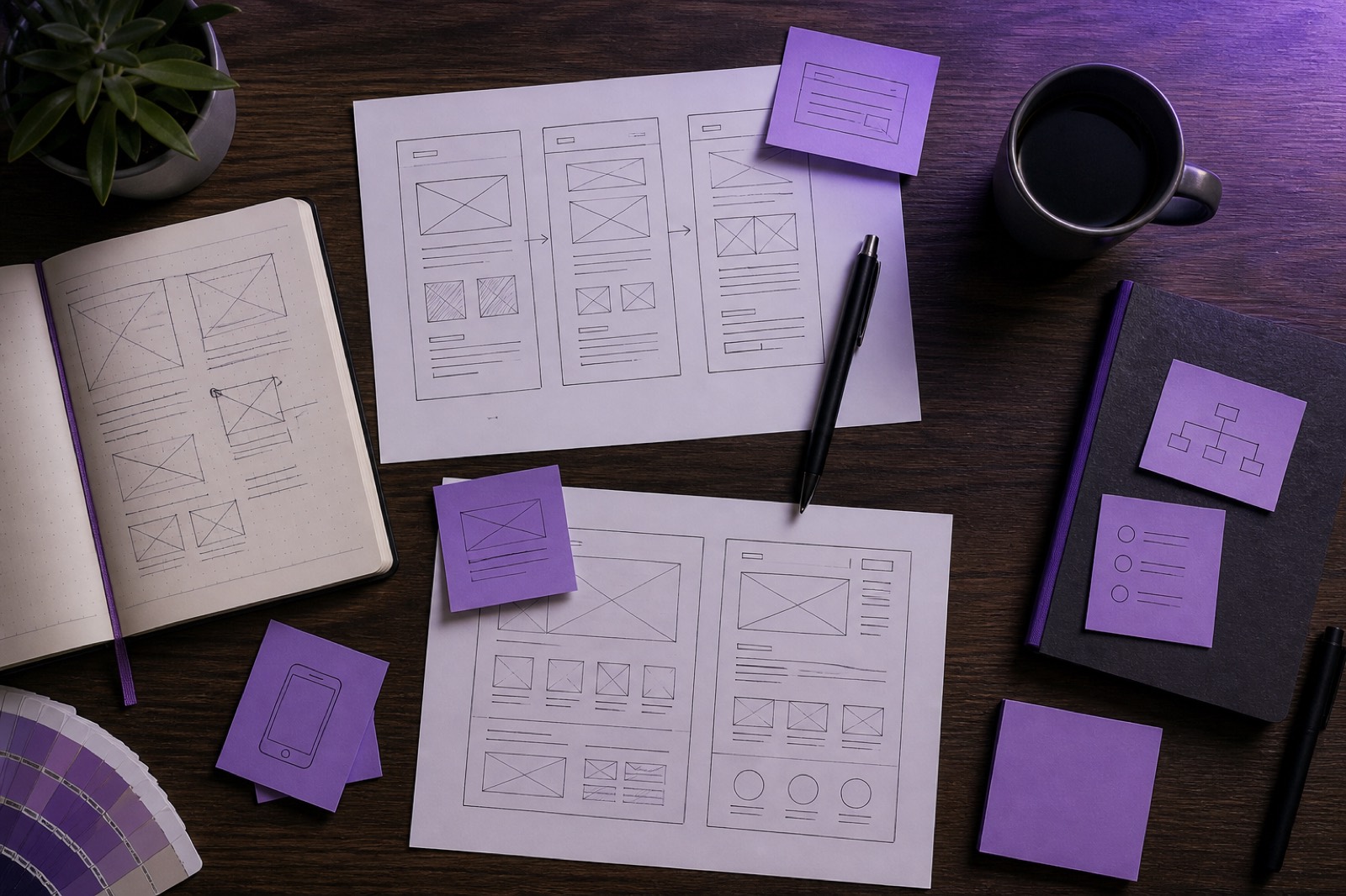 Page layouts and notes spread across a working desk