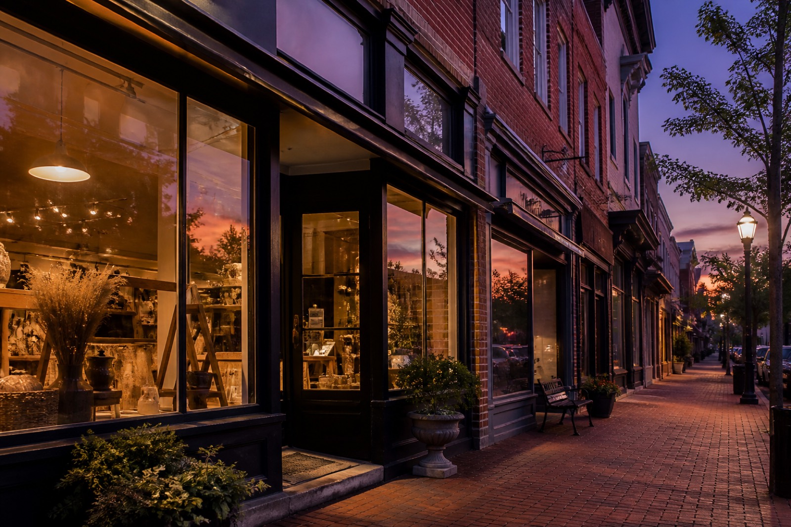 A local main street at dusk with lit shop windows