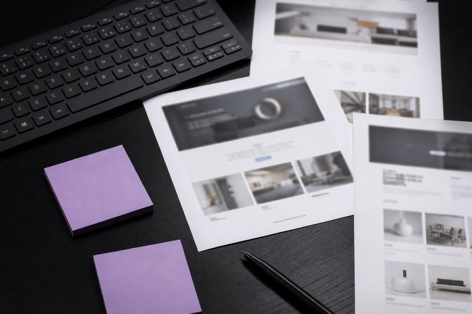 Printed layouts and notes on a desk beside a keyboard
