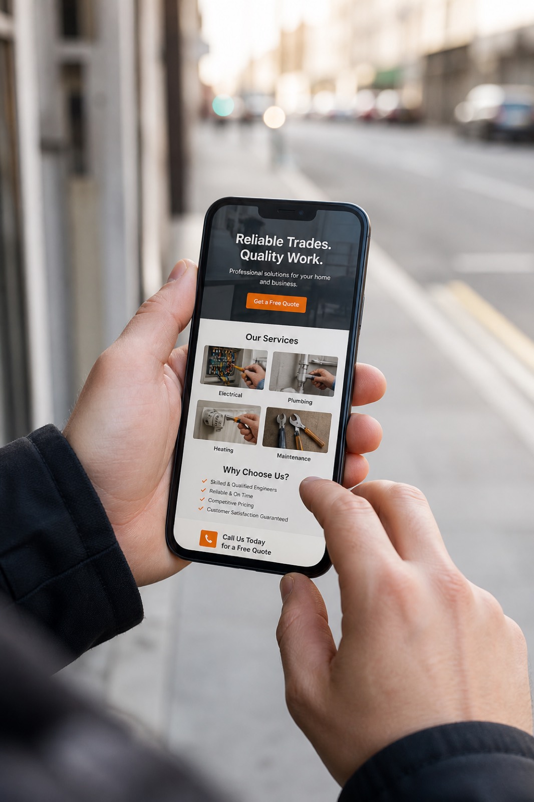 Phone held outdoors showing a business website