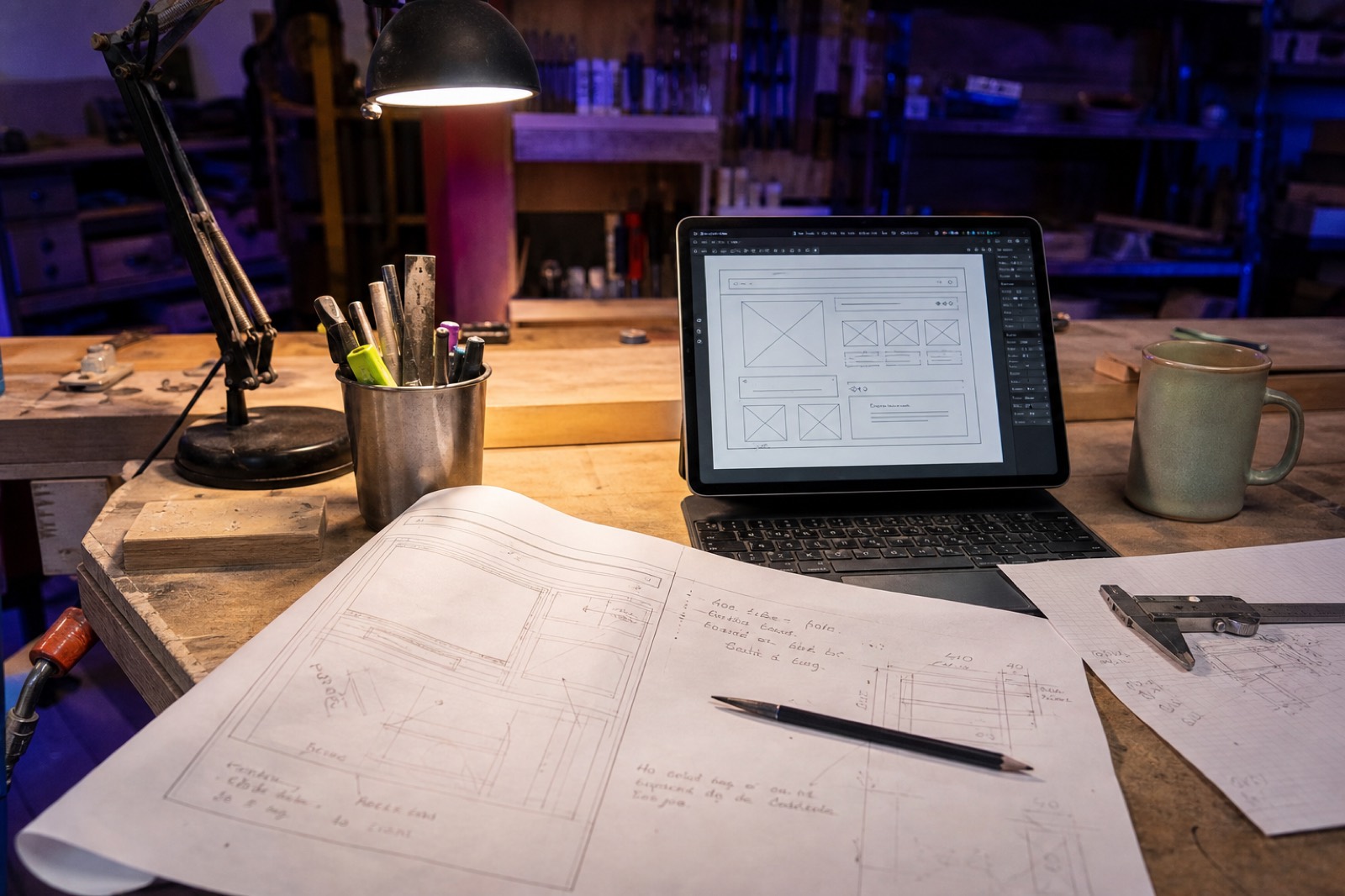 A workshop bench with drawings and a laptop showing a page layout in progress